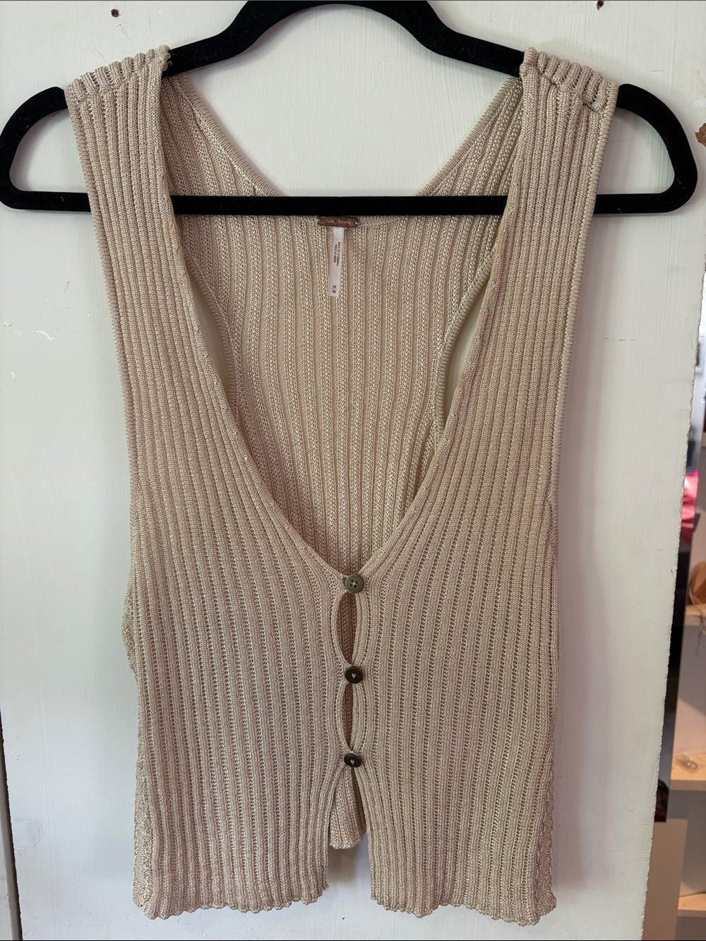 Free People Gold Sparkle Threaded Beige Ribbed Button Front Knit Tank Top